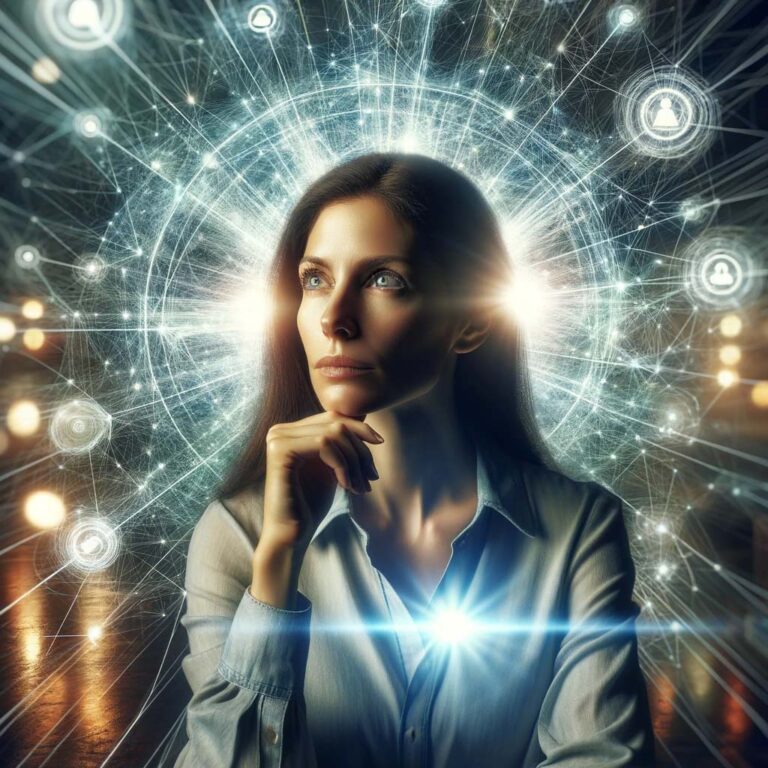 Image d'une femme pensive entourée de lignes lumineuses symbolisant les connexions numériques et l'interactivité des réseaux sociaux.