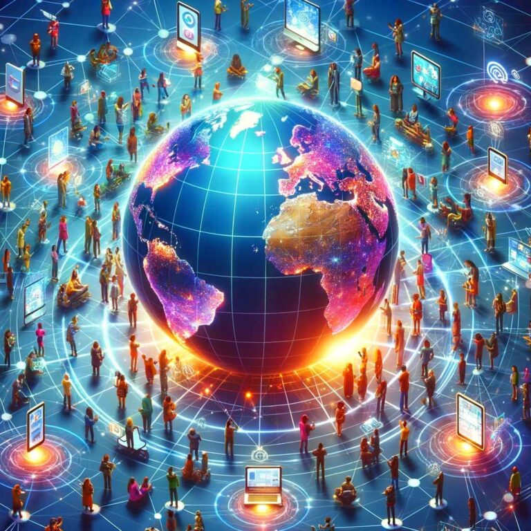 Globe terrestre entouré de réseaux numériques et de personnes utilisant des appareils connectés